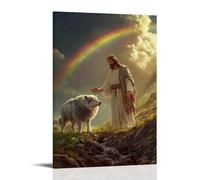 WJHJZQYY Decorazione da parete moderna da appendere con immagine di un arcobaleno che si forma nel cielo mentre Gesù passa tra l'agnello e un lupo ringhiante, alzato a mano in pace. Decorazione murale