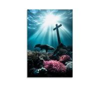 WJHJZQYY Decorazione da parete moderna da appendere con immagine di una croce che sorge da una barriera corallina dove i leoni marini ballano attraverso alberi di luce. Poster artistico da appendere