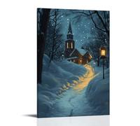 WJHJZQYY Decorazione da parete moderna da appendere con luce dell'Avvento con una lanterna che si curva attraverso una foresta innevata verso il campanile illuminato con luce dell'Avvento. Poster