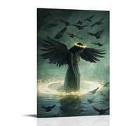 WJHJZQYY Decorazione da parete moderna da appendere con uccelli che circondano sopra l'angelo, ma solo nell'acqua formano una corona luminosa intorno a lei. Poster artistico da appendere moderno, 60 x