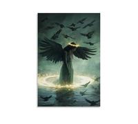 WJHJZQYY Decorazione da parete moderna da appendere con uccelli che circondano sopra l'angelo, ma solo nell'acqua formano una corona luminosa intorno a lei. Poster artistico da appendere moderno, 20 x
