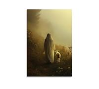 WJHJZQYY Decorazione da parete moderna da appendere con un agnello che conduce attraverso colline coperte di nebbia, mentre Maria e Gesù seguono mano nella mano. Poster decorativo da parete, arte