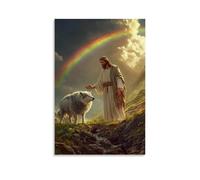 WJHJZQYY Decorazione da parete moderna da appendere con un arcobaleno che si forma nel cielo mentre Gesù passa tra l'agnello e un lupo ringhiante, alzato a mano in pace. Decorazione murale moderna da