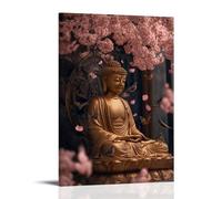 WJHJZQYY Decorazione da parete moderna da appendere con un Buddha dorato seduto sotto un albero di ciliegio, e uccelli si radunano intorno a lui come petali piovono come canti sacri. Poster decorativo