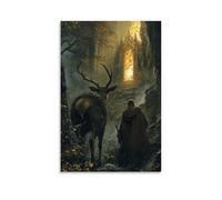 WJHJZQYY Decorazione da parete moderna da appendere con un cervo che conduce un cavaliere attraverso un labirinto di spine a un altare immerso nel fuoco dorato. Poster artistico da appendere moderno