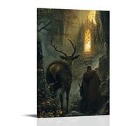 WJHJZQYY Decorazione da parete moderna da appendere con un cervo che conduce un cavaliere attraverso un labirinto di spine a un altare immerso nel fuoco dorato. Poster decorativo da appendere in stile