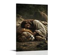 WJHJZQYY Decorazione da parete moderna da appendere con un leone che dorme ai piedi di Gesù mentre racconta storie ai bambini persi nel deserto. Poster artistico da appendere moderno, 20 x 30 cm