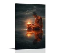 WJHJZQYY Decorazione da parete moderna da appendere con un monaco che offre una ciotola d'acqua a Buddha, e il riflesso si illumina con la luce della comprensione. Poster decorativo da parete, 40 x 60