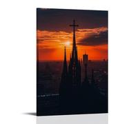 WJHJZQYY Decorazione da parete moderna da appendere con una cattedrale ai margini dello skyline di una città, la sua silhouette che proietta la forma di una croce al tramonto. Poster decorativo da