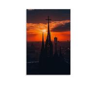WJHJZQYY Decorazione da parete moderna da appendere con una cattedrale ai margini dello skyline di una città, la sua silhouette che proietta la forma di una croce al tramonto. Poster decorativo da