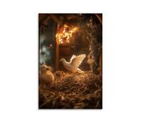 WJHJZQYY Decorazione da parete moderna da appendere con una colomba che circonda la scuderia della natività, disegnando aloni sopra ogni animale con morbide ali bianche. Poster artistico da appendere