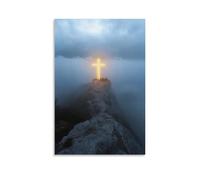 WJHJZQYY Decorazione da parete moderna da appendere con una croce luminosa che penetra nella nebbia sulla cima di una montagna, mentre i pellegrini aprono le loro bibbie e piangono in soggezione