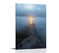 WJHJZQYY Decorazione da parete moderna da appendere con una croce luminosa che penetra nella nebbia in cima a una montagna, mentre i pellegrini aprono le loro bibbie e piangono in soggezione. Poster