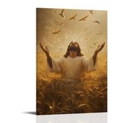 WJHJZQYY Decorazione da parete moderna da appendere in un campo di grano dorato, Gesù sta con le braccia aperte, luce che scorre dalle palme mentre gli uccelli salgono nel cielo. Poster decorativo da