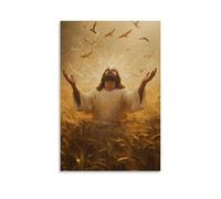 WJHJZQYY Decorazione da parete moderna da appendere in un campo di grano dorato, Gesù sta con le braccia aperte, luce che scorre dalle palme mentre gli uccelli salgono nel cielo. Poster decorativo da