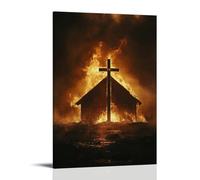 WJHJZQYY Decorazione da parete moderna da appendere, motivo: fiamme consuma una cappella in legno, ma la croce rimane in piedi, incandescente in cenere come un faro