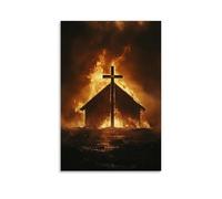 WJHJZQYY Decorazione da parete moderna da appendere, motivo: fiamme consuma una cappella in legno, ma la croce rimane in piedi, incandescente in cenere come un faro