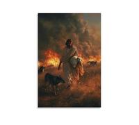 WJHJZQYY Decorazione da parete moderna da appendere, motivo: Gesù cammina attraverso i campi di cenere, portando l'agnello mentre i lupi si ritirano davanti al suo sguardo ardente. Poster decorativo