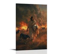 WJHJZQYY Decorazione da parete moderna da appendere, motivo: Gesù cammina attraverso i campi di cenere, portando l'agnello mentre i lupi si ritirano davanti al suo sguardo ardente. Decorazione da