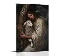 WJHJZQYY Decorazione da parete moderna da appendere, motivo: Gesù si appoggia contro un albero, con gli occhi chiusi, tiene vicino un agnello mentre i lupi si aggirano appena oltre le radici. Poster