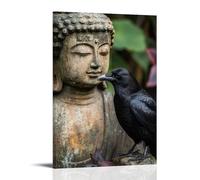 WJHJZQYY Decorazione da parete moderna da appendere, motivo: un corvo atterra accanto a una statua di Buddha stagionata, inclinando la testa come se chiedesse il significato del silenzio. Poster