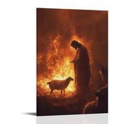 WJHJZQYY Decorazione da parete moderna da appendere, motivo: un fuoco brucia sullo sfondo mentre Gesù calma un agnello in preda al panico, la sua ombra che lo protegge dai lupi dietro. Poster