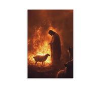 WJHJZQYY Decorazione da parete moderna da appendere, motivo: un fuoco brucia sullo sfondo mentre Gesù calma un agnello in preda al panico, la sua ombra che lo protegge dai lupi dietro. Poster