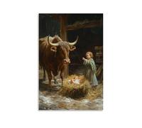 WJHJZQYY Decorazione da parete moderna da appendere, motivo: un toro sta accanto alla mangiatoia, immobile mentre il bambino Cristo raggiunge il suo corno. Poster artistico da appendere moderno, 60 x