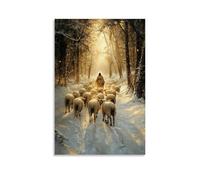WJHJZQYY Decorazione da parete moderna da appendere, motivo: uno stormo di agnelli segue Gesù attraverso una foresta innevata, i loro zoccoli che brillano di luce dorata. Poster decorativo da parete