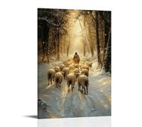 WJHJZQYY Decorazione da parete moderna da appendere, motivo: uno stormo di agnelli segue Gesù attraverso una foresta innevata, i loro zoccoli che brillano di luce dorata. Poster decorativo da parete