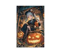 WJHJZQYY Decorazione da parete spettrale di Halloween, graziosa strega con lanterna Jack-o'-Lanterns, decorazione da parete moderna da appendere, poster artistico da 20 x 30 cm