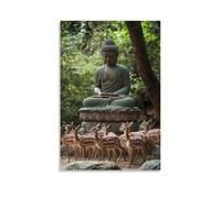 WJHJZQYY Decorazione murale moderna da appendere con Buddha seduto su un piedistallo di pietra mentre i cervi selvatici si radunano, indisturbato dal mondo che si svela oltre gli alberi. Poster