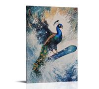 WJHJZQYY Decorazione murale moderna da appendere con dipinto ad olio di un pavone che fa uno snowboard e pianta in mezzo fiocco di neve