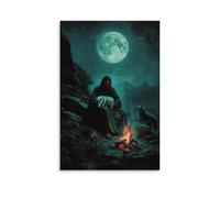 WJHJZQYY Decorazione murale moderna da appendere con Gesù sotto la luna piena, Gesù culla un agnello accanto a un falò morente, mentre i lupi circondano oltre le ombre. Poster decorativo da parete
