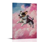 WJHJZQYY Decorazione murale moderna da appendere con pittura ad olio di un cane che vola con un jetpack attraverso un cielo rosa caramellato di cotone. Decorazione da parete moderna da appendere (60 x