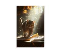 WJHJZQYY Decorazione murale moderna da appendere con un gatto che attraversa un altare, pergamene di preghiera nel bagliore della luce del mattino. Decorazione da parete moderna poster artistico da