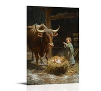 WJHJZQYY Decorazione murale moderna da appendere con un toro che si trova accanto alla mangiatoia, immobile mentre il bambino Cristo raggiunge il suo corno. Poster artistico da appendere moderno (50 x
