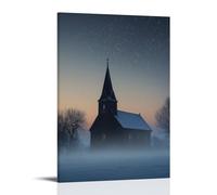 WJHJZQYY Decorazione murale moderna da appendere con una cappella del villaggio che sorge dalla nebbia invernale, la sua campana silenziosa, la sua ripida scintilla sotto un cielo di stelle che si