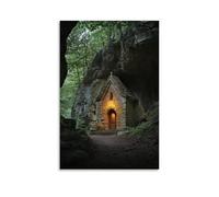 WJHJZQYY Decorazione murale moderna da appendere con una cappella scolpita in una grotta che brilla dall'interno, la sua luce si riversa come un segreto nella foresta. Poster decorativo da parete