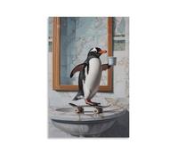 WJHJZQYY Dipinto ad olio con animale di un pinguino che fa skateboard attraverso un bagno in marmo, piccola tazza di caffè in mano. Decorazione murale moderna da appendere poster artistico da
