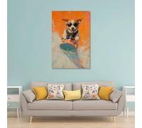 WJHJZQYY Dipinto ad olio con animali di un cane che fa sci d'acqua con aviatori su, sentiero d'acqua dietro, su sfondo arancione pastello. Decorazione da parete moderna da appendere, poster artistico