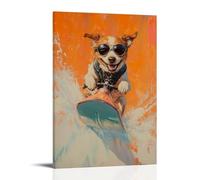 WJHJZQYY Dipinto ad olio con animali di un cane che fa sci d'acqua con aviatori su, sentiero d'acqua dietro, su sfondo arancione pastello. Decorazione da parete moderna da appendere, poster artistico