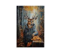 WJHJZQYY Dipinto ad olio con animali di un cervo in una felpa con cappuccio che macina una guida in una radura della foresta con foglie autunnali. Poster decorativo da parete moderno da appendere (60