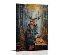 WJHJZQYY Dipinto ad olio con animali di un cervo in una felpa con cappuccio che macina una guida in una radura della foresta con foglie autunnali. Poster decorativo da parete moderno da appendere (60