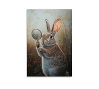 WJHJZQYY Dipinto ad olio con animali di un coniglio che tiene un piccolo specchio, regola le orecchie come un modello di acconciatura sotto una luce soffusa dell'alba. Decorazione murale moderna da