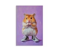 WJHJZQYY Dipinto ad olio con animali di un criceto in scarpe da ginnastica che esegue un pop shove-it su uno sfondo viola minimalista. Decorazione murale moderna da appendere poster artistico da