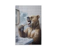 WJHJZQYY Dipinto ad olio con animali di un orso che si lava i denti così duramente lo specchio incrinato, schiuma che inonda sulle piastrelle. Decorazione murale moderna da appendere poster artistico