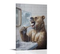 WJHJZQYY Dipinto ad olio con animali di un orso che si lava i denti così duramente lo specchio incrinato, schiuma che inonda sulle piastrelle. Decorazione da parete moderna poster artistico da