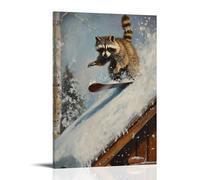 WJHJZQYY Dipinto ad olio con animali di un procione che fa snowboard sul tetto della cabina nella lanugine di polvere. Decorazione murale moderna da appendere poster artistico da appendere (20 x 30 cm