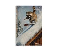 WJHJZQYY Dipinto ad olio con animali di un procione che fa snowboard sul tetto della cabina nella lanugine di polvere. Decorazione murale moderna da appendere poster artistico da appendere (20 x 30 cm